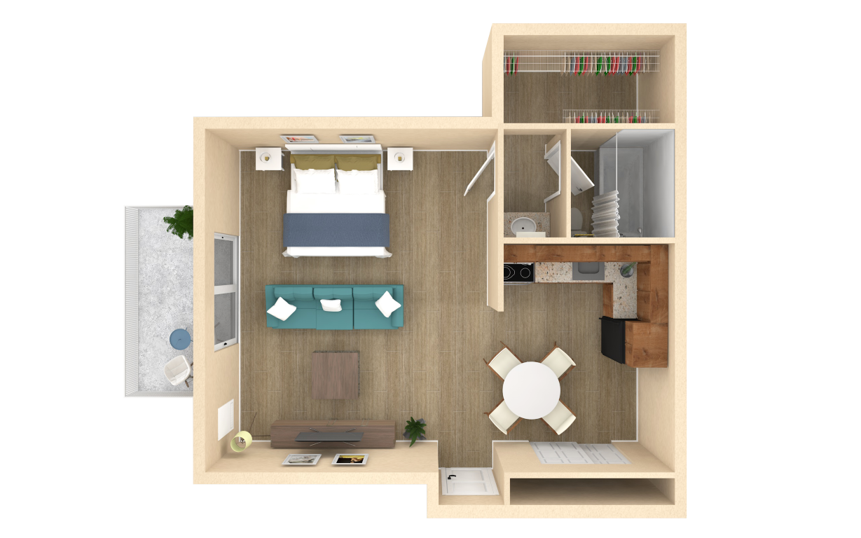 Floor plan for studio, 1 bath, 500 sqft